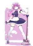 1girl alternate_costume apron bare_shoulders black_footwear blush breasts broom commentary_request dress frills hair_ornament highres holding holding_broom long_hair looking_at_viewer maid maid_apron maid_headdress pon_(shind_997) purple_eyes purple_hair shoes small_breasts smile solo twintails vocaloid white_legwear yuzuki_yukari 