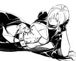  1girl belt breasts character_request cleavage cleavage_cutout closed_mouth girls_frontline gloves greyscale hair_over_one_eye highres large_breasts looking_at_viewer lying mg5_(girls_frontline) monochrome on_side one_eye_covered open_pants panties pants ruukii_drift short_hair simple_background solo underwear white_background 