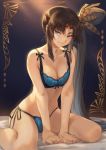  1girl bangs bare_shoulders black_hair blue_bra blue_eyes blue_panties blush bra breasts circlet closed_mouth collarbone fate/grand_order fate_(series) feathers hair_feathers highres lace lace-trimmed_bra lace-trimmed_panties long_hair looking_at_viewer mashuu_(neko_no_oyashiro) panties parted_bangs side_ponytail sitting small_breasts smile solo thighs underwear ushiwakamaru_(fate/grand_order) wariza 