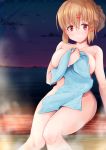  1girl absurdres alternate_hairstyle between_breasts blush breasts brown_eyes brown_hair eyebrows_visible_through_hair hair_between_eyes hair_ornament hairclip highres kantai_collection komb large_breasts long_hair looking_at_viewer night night_sky nude ocean onsen outdoors papakha sitting sky smile solo star steam tashkent_(kantai_collection) thighs towel water water_drop 