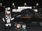  3girls aircraft annin_musou black_gloves black_legwear black_skirt blonde_hair blush capelet closed_eyes commentary_request fairy_(kantai_collection) gloves graf_zeppelin_(kantai_collection) green_hair hair_between_eyes hand_on_head hand_on_hip hat holding holding_scroll kantai_collection long_hair long_sleeves military military_uniform multiple_girls open_mouth pantyhose peaked_cap pleated_skirt purple_eyes scroll sidelocks skirt triangle_mouth twintails uniform 