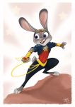  2016 anthro barefoot border buckteeth clothed clothing cosplay crossover crossover_cosplay disney fully_clothed fur grey_body grey_fur judy_hopps lagomorph leporid mammal open_mouth open_smile pink_nose rabbit smile solo tannyart teeth white_border wonder_woman zootopia 
