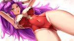  1girl angela_(seiken_densetsu_3) arms_up bangs bare_thighs blush breasts cameltoe cleavage commentary_request covered_navel dutch_angle green_eyes headwear jewelry leotard long_hair looking_at_viewer medium_breasts navel open_mouth parted_bangs pointy_ears purple_hair red_leotard seiken_densetsu seiken_densetsu_3 shiny shiny_clothes shiny_hair shuugetsu_karasu sidelocks simple_background solo thighs 