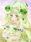  :d ^_^ alcremie alcremie_(clover_sweet) alcremie_(matcha_cream) blush closed_eyes commentary_request creature_and_personification dress flower gen_8_pokemon green_dress green_eyes green_hair happy holding holding_pokemon kirin_(kanata_walk) long_hair looking_at_viewer open_mouth personification pink_ribbon pokemon pokemon_(creature) ribbon smile striped striped_ribbon tied_hair very_long_hair 