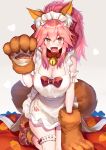  1girl animal_ear_fluff animal_ears apron bangs bare_shoulders bell bell_collar blush bow breasts cat_hair_ornament cleavage collar fangs fate/extra fate/grand_order fate_(series) fox_ears fox_girl fox_tail gloves hair_bow hair_ornament highres jingle_bell large_breasts long_hair looking_at_viewer maid_headdress naked_apron ninoude_(ninoude44) open_mouth paw_gloves paw_shoes paws pink_hair ponytail shoes sidelocks simple_background smile solo tail tamamo_(fate)_(all) tamamo_cat_(fate) thighs yellow_eyes 