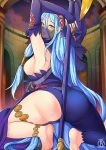  1girl anklet arms_up ass asymmetrical_legwear azura_(fire_emblem) barefoot blue_hair elbow_gloves fingerless_gloves fire_emblem fire_emblem_fates from_behind gloves highres holding jewelry long_hair looking_back nipples parted_lips revolverwing solo squatting thighlet veil yellow_eyes 