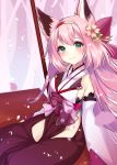  1girl absurdres animal_ears azur_lane bare_shoulders blush breasts chan&#039;nu cherry_blossoms eyebrows_visible_through_hair flower fox_ears fox_girl green_eyes hair_between_eyes hair_ornament hairband hanazuki_(azur_lane) highres japanese_clothes large_breasts long_hair looking_at_viewer pink_hair smile solo 
