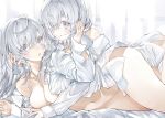  2girls kou_mashiro long_hair naked_shirt navel no_bra original polychromatic shirt short_hair yuri 