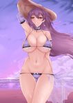  1girl bangs bare_shoulders bikini blush breasts choker cleavage collarbone crimecrime earrings fate/grand_order fate_(series) hair_between_eyes hat highres jewelry large_breasts long_hair looking_at_viewer navel purple_bikini purple_hair red_eyes scathach_(fate)_(all) scathach_skadi_(fate/grand_order) smile solo sun_hat swimsuit thighs 