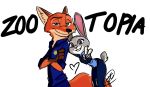  2018 anthro canid canine clothing crossed_arms digital_media_(artwork) dipstick_ears disney duo female fox fur gesture gloves_(marking) green_eyes hi_res inner_ear_fluff judy_hopps lagomorph leporid looking_at_viewer male mammal markings multicolored_ears nick_wilde police_uniform purple_eyes rabbit simple_background size_difference smile text trashasaurusrex tuft uniform v_sign white_background zootopia 
