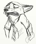  2016 anthro bodily_fluids canid canine clothed clothing disney fox fur mammal monochrome necktie nick_wilde open_mouth red_fox sad shirt simple_background sketch solo tears teeth topwear trashasaurusrex white_background zootopia 