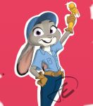  2016 anthro buckteeth clothing cosplay crossover crossover_cosplay disney fix-it_felix fur gloves grey_body grey_fur hammer handwear hat headgear headwear hi_res holding_object holding_tool judy_hopps lagomorph leporid mammal open_mouth open_smile purple_eyes rabbit red_background simple_background smile solo teeth tools trashasaurusrex zootopia 