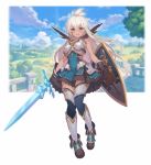  1girl armor bangs brown_eyes brown_gloves gloves granblue_fantasy hair_between_eyes highres holding holding_sword holding_weapon kakage long_hair open_mouth outdoors plant shield smile solo sword tan thighhighs tree weapon white_hair zooey_(granblue_fantasy) 