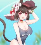 1girl animal_ear_fluff animal_ears ariko_(aaaaarik) arm_up azur_lane bell black_hair blush breasts cat_ears cat_girl cat_tail covered_navel covered_nipples eyebrows_visible_through_hair gradient gradient_background hair_between_eyes hair_ornament hat jingle_bell large_breasts looking_at_viewer mask mask_on_head name_tag neck_bell one-piece_swimsuit open_mouth red_eyes school_swimsuit short_hair smile solo straw_hat swimsuit tail yamashiro_(azur_lane) yamashiro_(summer_offensive?)_(azur_lane) 