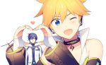  2boys ? bare_shoulders bass_clef black_sleeves blonde_hair blue_eyes blue_hair blue_scarf coat collar detached_sleeves forced_perspective headphones heart heart_hands kagamine_len kagamine_len_(append) kaito kaito_(vocaloid3) looking_at_viewer male_focus multiple_boys one_eye_closed open_mouth scarf see-through_sleeves sinaooo smile symbol_commentary upper_body v-shaped_eyebrows vocaloid vocaloid_append white_background white_coat 