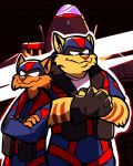 2017 4_fingers aircraft airplane anthro armor chance_furlong clothed clothing crossed_arms digital_media_(artwork) domestic_cat duo empty_eyes fangs felid feline felis fingerless_gloves fingers fully_clothed fur gloves grin handwear hanna-barbera headgear helmet heyitscousindave hi_res inner_ear_fluff jake_clawson jet looking_at_viewer male mammal orange_body orange_fur outline pilot smile standing striped_body striped_fur stripes swat_kats tuft turbo_kat yellow_body yellow_fur 