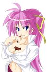  between_breasts blue_eyes blush boshinote breasts chocolate chocolate_on_breasts cleavage licking long_hair looking_at_viewer lowres lyrical_nanoha mahou_shoujo_lyrical_nanoha mahou_shoujo_lyrical_nanoha_a's medium_breasts navel pink_hair ponytail signum simple_background solo very_long_hair white_background 