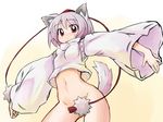  :&lt; animal_ears bottomless convenient_censoring groin hat hips inubashiri_momiji mirino navel outstretched_arms pink_hair red_eyes solo spread_arms sweatdrop tail tokin_hat touhou wide_sleeves wolf_ears 