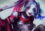  1girl baseball_bat batman_(series) blonde_hair blue_eyes blue_hair breasts dc_comics dip-dyed_hair harley_quinn highres jacket lipstick long_hair makeup multicolored_hair short_shorts shorts solo suicide_squad tied_hair twintails 