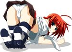  all_fours ass black_legwear breasts feet fumihiro hanging_breasts looking_back lyrical_nanoha mahou_shoujo_lyrical_nanoha mahou_shoujo_lyrical_nanoha_a's medium_breasts miniskirt panties pantyshot red_hair shirt skirt small_breasts solo striped striped_legwear t-shirt thighhighs top-down_bottom-up underboob underwear upshirt vita white_panties 