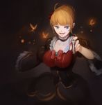  1girl 3four beatrice blonde_hair blue_eyes breasts bug butterfly chess_piece cleavage commentary dress english_commentary insect large_breasts looking_at_viewer short_hair solo umineko_no_naku_koro_ni 