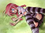  blush koruku lyrical_nanoha mahou_shoujo_lyrical_nanoha mahou_shoujo_lyrical_nanoha_a's mahou_shoujo_lyrical_nanoha_strikers shirt solo striped striped_legwear t-shirt thighhighs vita 