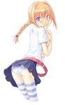  ass back belt blonde_hair blue_eyes braid from_behind long_hair looking_back loose_belt lyrical_nanoha mahou_shoujo_lyrical_nanoha mahou_shoujo_lyrical_nanoha_a's miniskirt orange_hair panties pantyshot pantyshot_(standing) poco_(asahi_age) shirt simple_background skirt solo standing striped striped_legwear stuffed_toy t-shirt thighhighs twin_braids underwear upskirt vita white_background white_panties 