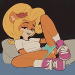  2019 anthro bandicoot bedroom_eyes black_background blonde_hair bottomless breasts clothed clothing coco_bandicoot crash_bandicoot_(series) female flower fridge_(artist) fur grin hair half-closed_eyes long_hair lying mammal marsupial on_back orange_fur panties panties_down plant pussy seductive shirt simple_background smile solo spread_legs spreading t-shirt underwear undressing video_games 