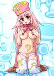  ? benesse boots bow bow_panties breasts cape fang hat hatena_yousei large_breasts long_hair open_mouth panties pink_cape pink_hair pink_hat pink_panties red_eyes solo thighhighs ueyama_michirou underwear white_legwear 