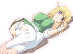  areolae blonde_hair blue_eyes breasts covered_nipples elf halterneck huge_breasts jon_shicchiou long_hair lying pointy_ears solo thighhighs tiffania_westwood zero_no_tsukaima 