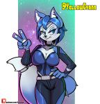  5_fingers anthro blue_body blue_eyes blue_hair breasts canid canine cleavage clothed clothing eyelashes eyeshadow female fingers fox gesture hair half-closed_eyes hi_res krystal makeup mammal narrowed_eyes nintendo norithecat signature smile solo star_fox tail_ring v_sign video_games white_body 