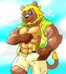  78 aloha_shirt animal_crossing anthro blonde_hair bottomwear bud_(animal_crossing) bulge clothing eyewear felid genital_outline hair hi_res lion male mammal mane mane_hair muscular muscular_male nintendo pantherine penis_outline shampoo shampoo_challenge shorts solo sunglasses video_games 