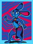  2020 anthro barefoot belly_dancer blue_border border bracelet choker clothed clothing dancing dipstick_ears disney ear_piercing female fuel_(artist) halter_top hi_res jewelry judy_hopps lagomorph leporid loincloth mammal multicolored_ears navel necklace pattern_background piercing rabbit restricted_palette simple_background smile solo zootopia 