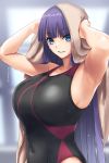  1girl armpits arms_up bangs bare_shoulders black_swimsuit blue_eyes blunt_bangs blush breasts fate/grand_order fate_(series) gachou highres huge_breasts long_hair looking_at_viewer one-piece_swimsuit parted_lips purple_hair saint_martha smile solo straight_hair swimsuit towel towel_on_head translation_request wet 