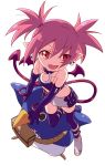  1girl armlet bare_shoulders bat_wings belt belt_boots boots bra choker collar collarbone demon_tail disgaea earrings elbow_gloves etna eyebrows_visible_through_hair fang fanny_pack flat_chest gloves grey_footwear highres jewelry knee_boots leaning_on_person leg_support looking_at_viewer makai_senki_disgaea miniskirt namori o-ring o-ring_choker open_mouth pointy_ears prinny red_eyes red_hair red_tail red_wings skirt skull_earrings tail thighhighs thighhighs_under_boots twintails underwear wings 