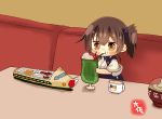  1girl blue_hakama bowl brown_eyes brown_hair cherry chibi commentary cup drink drinking_straw food food_on_face fruit ground_vehicle hakama hakama_skirt japanese_clothes kaga_(kantai_collection) kantai_collection long_hair mug sipping solo symbol_commentary taisa_(kari) tasuki toy train 