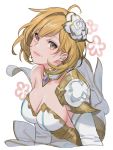  1girl backless_dress backless_outfit bangs bare_shoulders blonde_hair breasts brown_eyes cleavage closed_mouth collarbone detached_collar detached_sleeves djeeta_(granblue_fantasy) dress earrings eyebrows_visible_through_hair eyelashes flower gem granblue_fantasy hair_flower hair_ornament highres jewelry lips long_sleeves looking_at_viewer medium_breasts rose sanditk_gbf short_hair shoulder_armor sideboob simple_background smile solo spaulders swept_bangs the_glory translated upper_body white_background white_dress white_flower white_rose 