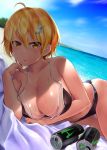  1girl ahoge bangs beach bikini bikini_tan blonde_hair blue_sky blush brand_name_imitation breasts can cleavage cloud collarbone commentary day dokyuu_hentai_hxeros drink eyebrows_visible_through_hair hair_ornament halterneck highres hoshino_kirara large_breasts looking_at_viewer loose_clothes lying navel ocean on_side outdoors parted_lips sand short_hair skindentation sky solo sunlight sweat swimsuit tan tanline wa_(genryusui) water yellow_eyes 