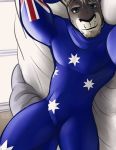  anthro australian_flag bangs bed bed_sheet bedding bgn bicolored_fur blue_eyes bodysuit brown_body bulge clothing facial_hair furniture genital_outline goatee kangaroo looking_at_viewer lycra macropod male mammal marsupial muscular muscular_male penis_outline scruffy selfie skinsuit solo spandex star syd_(bgn) tight_clothing zentai 