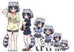 &gt;_&lt; 1girl adapted_costume alternate_costume animal_ears bare_legs barefoot beige_sweater black_neckwear black_skirt blue_hair blue_neckwear blue_sweater blush bow bowtie brown_eyes chibi child commentary common_raccoon_(kemono_friends) elbow_gloves eyebrows_visible_through_hair fang fur_collar gloves grey_hair highres holding_hands kemono_friends loafers long_sleeves multicolored_hair multiple_views navy_blue_jacket navy_blue_skirt ngetyan open_mouth pantyhose plaid_neckwear pleated_skirt puffy_short_sleeves puffy_sleeves raccoon_ears raccoon_girl raccoon_tail school_uniform shirt shoes short_hair short_shorts short_sleeves shorts skirt socks sweater t-shirt tail translated white_hair white_legwear younger 