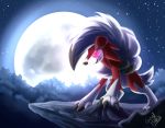  absurd_res ambiguous_gender anthro black_claws claws full_moon glowing glowing_eyes hair hi_res hintomikto lycanroc moon night nintendo pok&eacute;mon pok&eacute;mon_(species) red_body sharp_teeth signature smile solo star teeth video_games white_body white_hair 