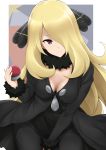  1girl blonde_hair breasts cleavage green_hair hair_ornament hair_over_one_eye highres jampen long_hair looking_at_viewer medium_breasts pokemon shirona_(pokemon) smile solo 