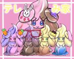  :3 :d alcremie alcremie_(other_cream) alcremie_(other_sweet) carrot closed_mouth commentary_request creature crescent gen_8_pokemon glasses heterochromia highres looking_at_viewer no_humans open_mouth pink_background pokemon pokemon_(creature) simple_background smile standing tom-radio 