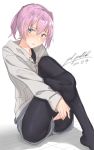  1girl alternate_costume black_legwear blue_eyes commentary_request dated grey_jacket grey_shorts hood hooded_jacket hoodie jacket kantai_collection looking_at_viewer pallad pantyhose pink_hair ponytail shiranui_(kantai_collection) short_hair shorts signature sitting solo 