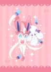  alcremie alcremie_(ribbon_sweet) alcremie_(salted_cream) ayan_(pixiv46456904) blue_eyes closed_mouth commentary creature eye_contact full_body gen_6_pokemon gen_8_pokemon highres looking_at_another no_humans pink_background pokemon pokemon_(creature) purple_eyes ribbon smile sparkle striped striped_background sylveon symbol_commentary trait_connection 