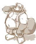  2020 anthro asian_clothing belly blush bulge canid canine clothing east_asian_clothing eyes_closed fundoshi humanoid_hands japanese_clothing kemono low_res male mammal moobs navel nipples ojijinotete overweight overweight_male raccoon_dog solo tanuki underwear 