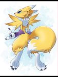  2018 3_fingers 3_toes anthro black_bars black_claws black_sclera blue_eyes canid canine claws digimon digimon_(species) female fingers fur letterbox looking_back mammal markings purple_markings remyquill renamon signature solo toe_claws toes tuft white_body yellow_body yellow_fur 