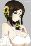  1girl bare_shoulders black_hair blue_eyes blush breasts bukkuri cleavage closed_mouth collarbone dated eyebrows_visible_through_hair flower girls_und_panzer grey_background hair_flower hair_ornament highres jewelry large_breasts necklace nonna_(girls_und_panzer) shiny shiny_hair shiny_skin simple_background smile solo sunflower upper_body 