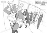  1girl 4boys abs animal_ears arms_up bare_arms bare_shoulders boku_no_hero_academia bunny_ears bunny_girl bunny_tail business_suit cape clenched_teeth commentary_request crust dark_skin fisheye formal fur_collar gloves greyscale highres horikoshi_kouhei indoors jacket kamihara_shin&#039;ya leotard long_hair long_sleeves looking_at_viewer mask midriff monochrome multiple_boys nishiya_shinji official_art pants short_hair slit_pupils spiked_hair suit tail teeth thighhighs usagiyama_rumi walking 