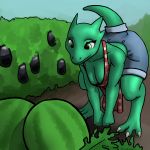  1:1 2020 anthro bent_over breasts cleavage clothed clothing digital_media_(artwork) digitigrade down_blouse female green_body green_eyes green_skin hanging_breasts hi_res kobold non-mammal_breasts outside scalie solo solo_focus xonoroxo 